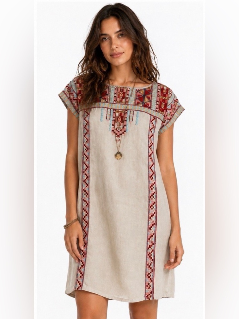 Johnny Was Ezra 100% Linen Embroidered Shift Tunic Dress Small Boho